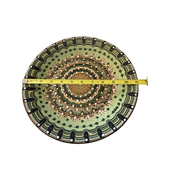 Handcrafted Romanian Redware Ceramic Plate 12" Intricate Green & Brown Pattern - Picture 5 of 5